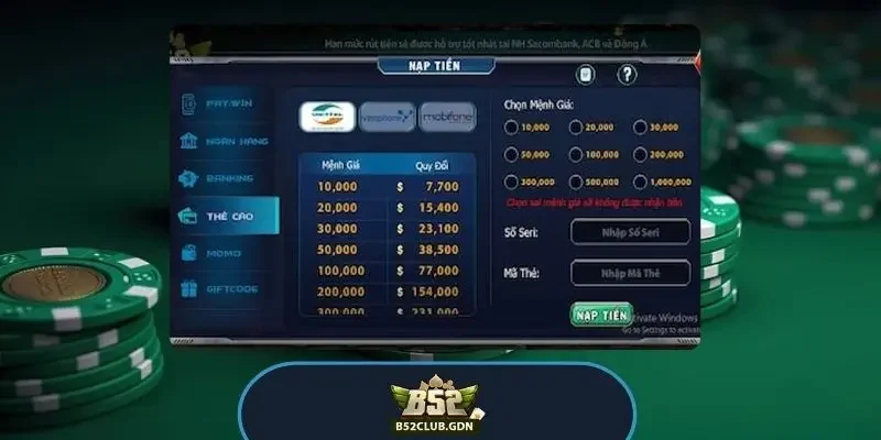 B52 Club ⚡️ Trang Chủ Cổng Game Bài Bom Tấn Uy Tín 2026 Các phương thức nạp tiền (Ngân hàng, Ví điện tử, Thẻ cào)